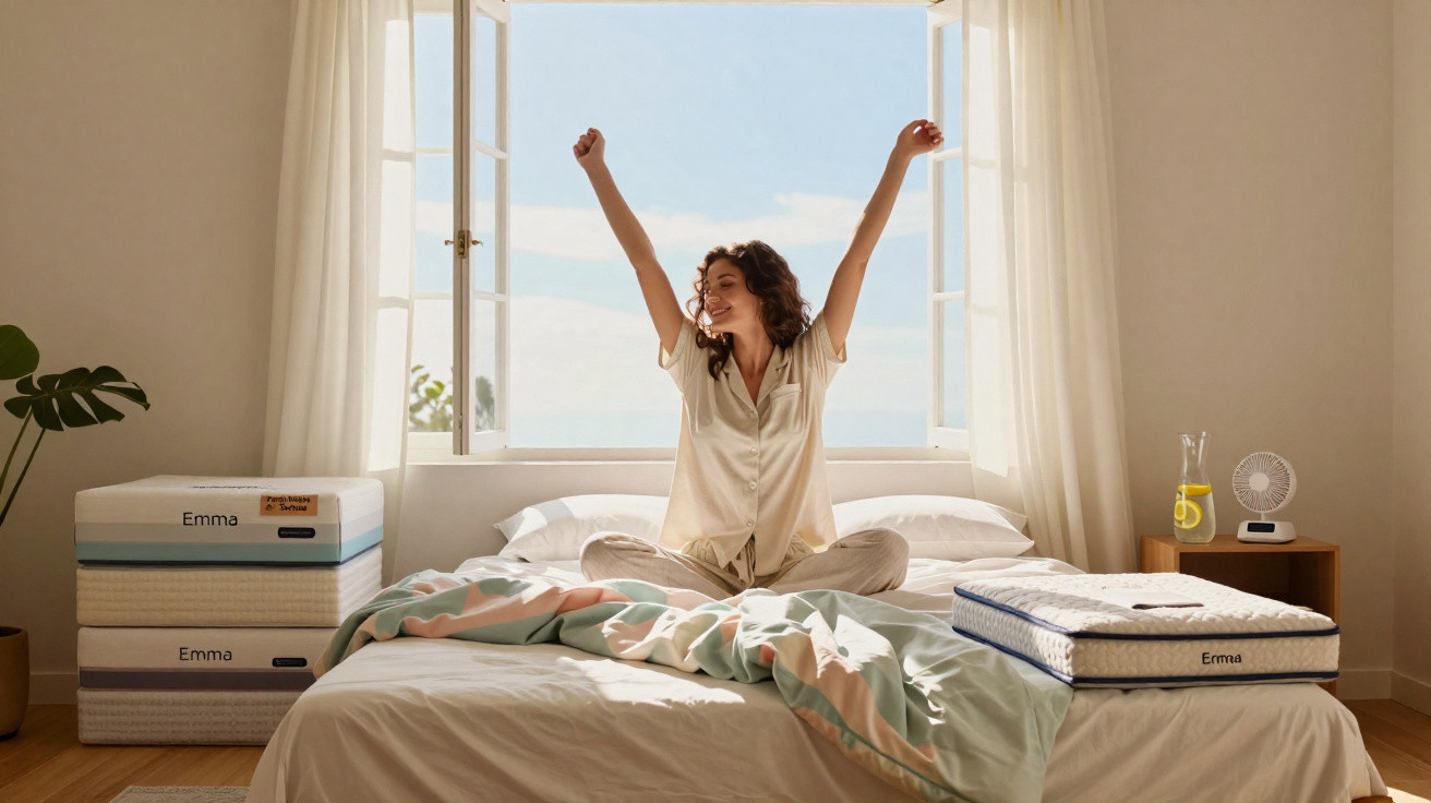 Mulher jovem alongando-se feliz em cama com colchões e janela aberta, luz natural entrando no quarto.