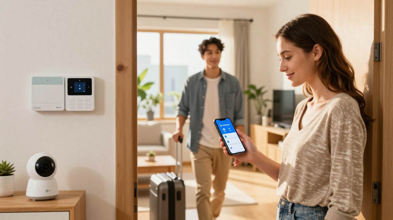 Mulher usando celular para controlar sistema de segurança enquanto homem entra com mala em casa moderna.