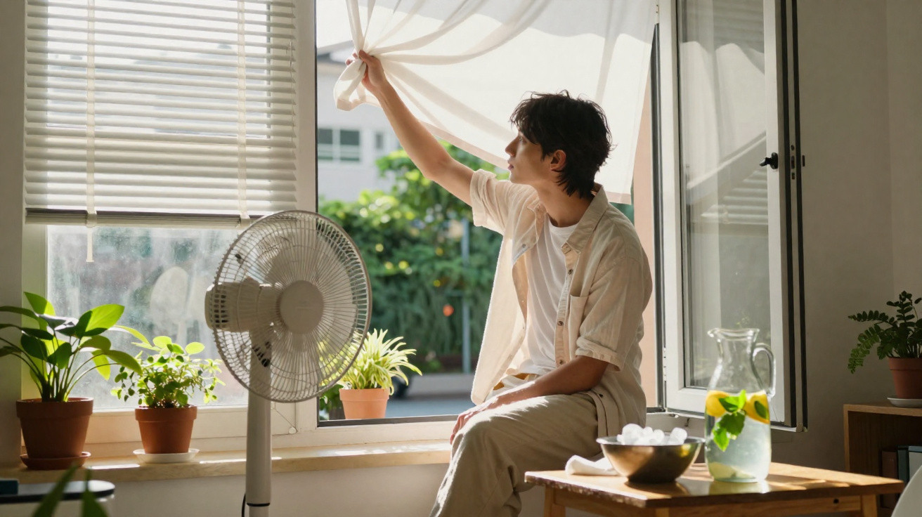 Jovem sentado em parapeito de janela, abrindo cortina e com ventilador ligado em ambiente iluminado.