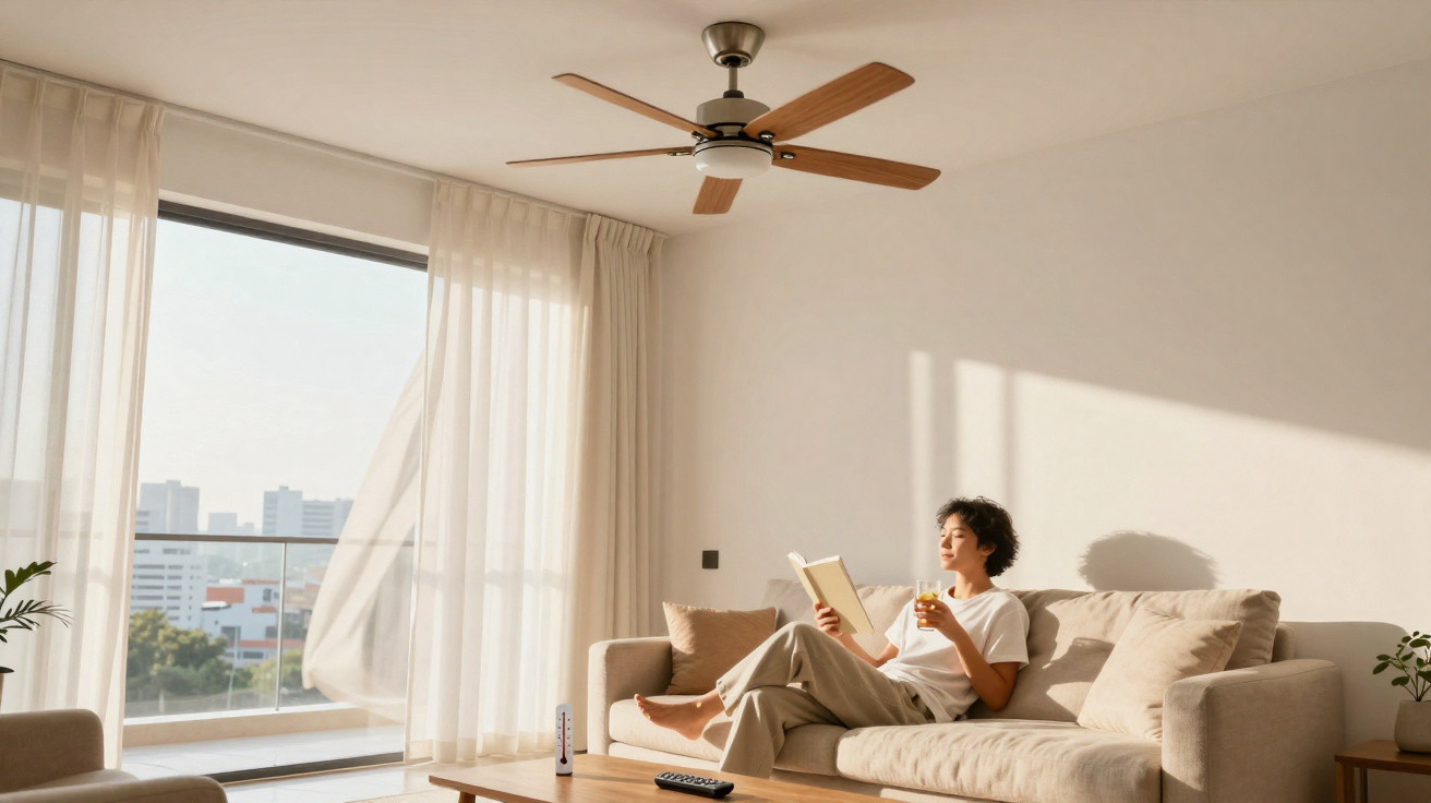 Pessoa lendo livro e tomando suco em sofá em sala clara com ventilador de teto e cortinas esvoaçantes.