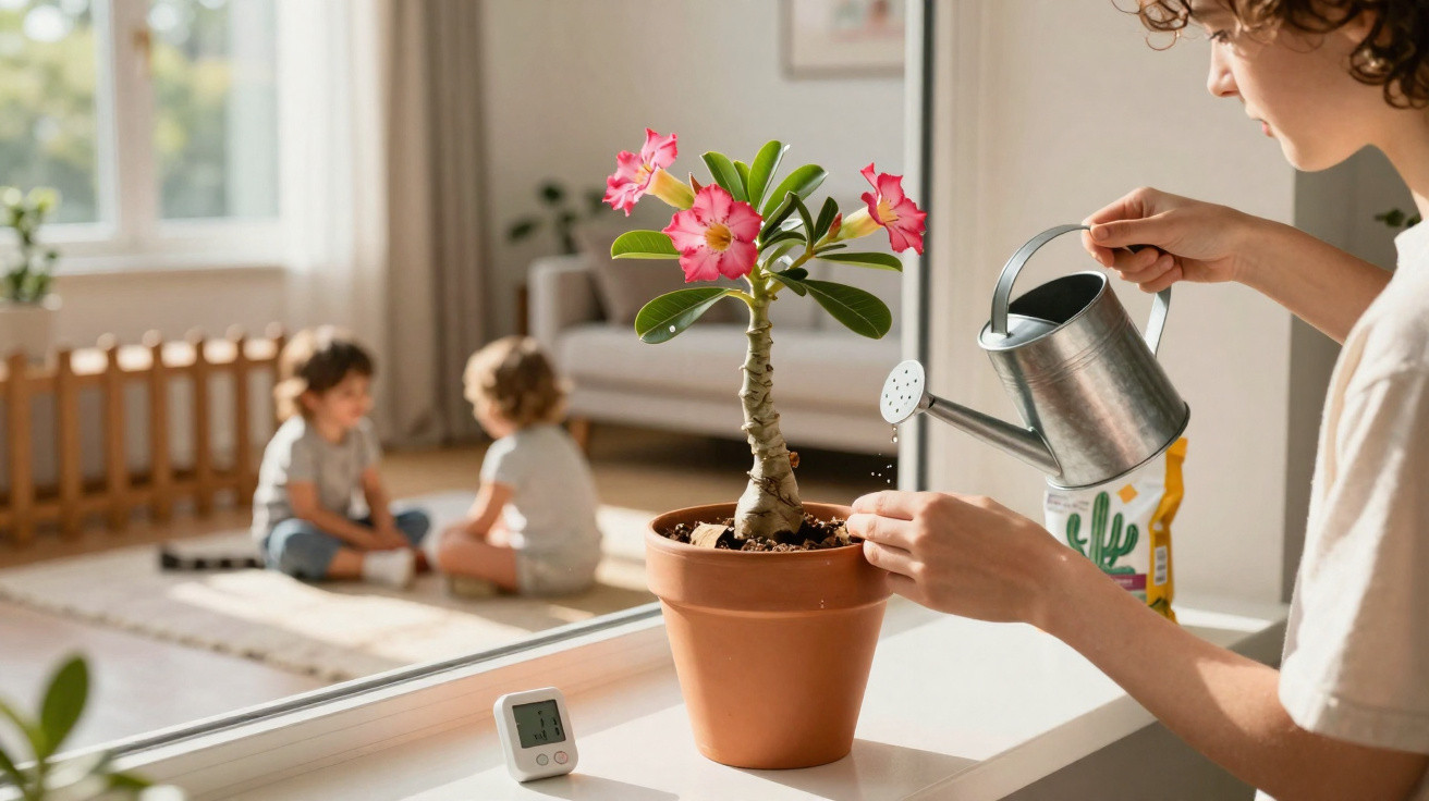 Pessoa regando planta com flores rosas em vaso, crianças brincando ao fundo em sala iluminada.