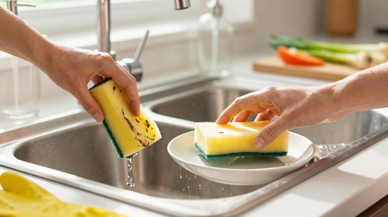 Duas mãos segurando esponjas amarelas enquanto lavam prato branco na pia da cozinha com água corrente.