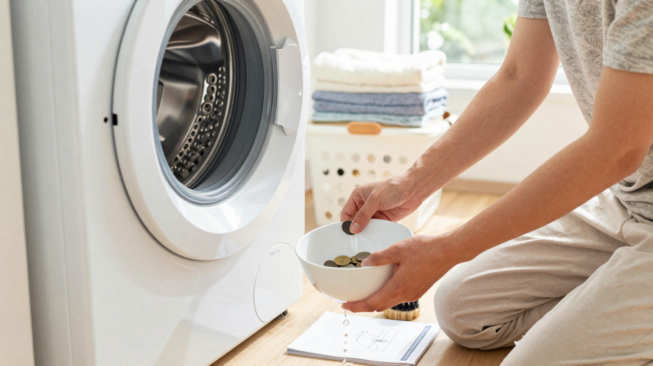 Pessoa esvaziando moedas em tigela perto de máquina de lavar roupas em ambiente doméstico.