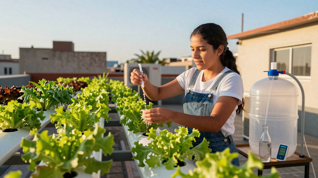 Jovem cuidando de hortaliças em sistema de cultivo hidropônico na cobertura de um prédio.