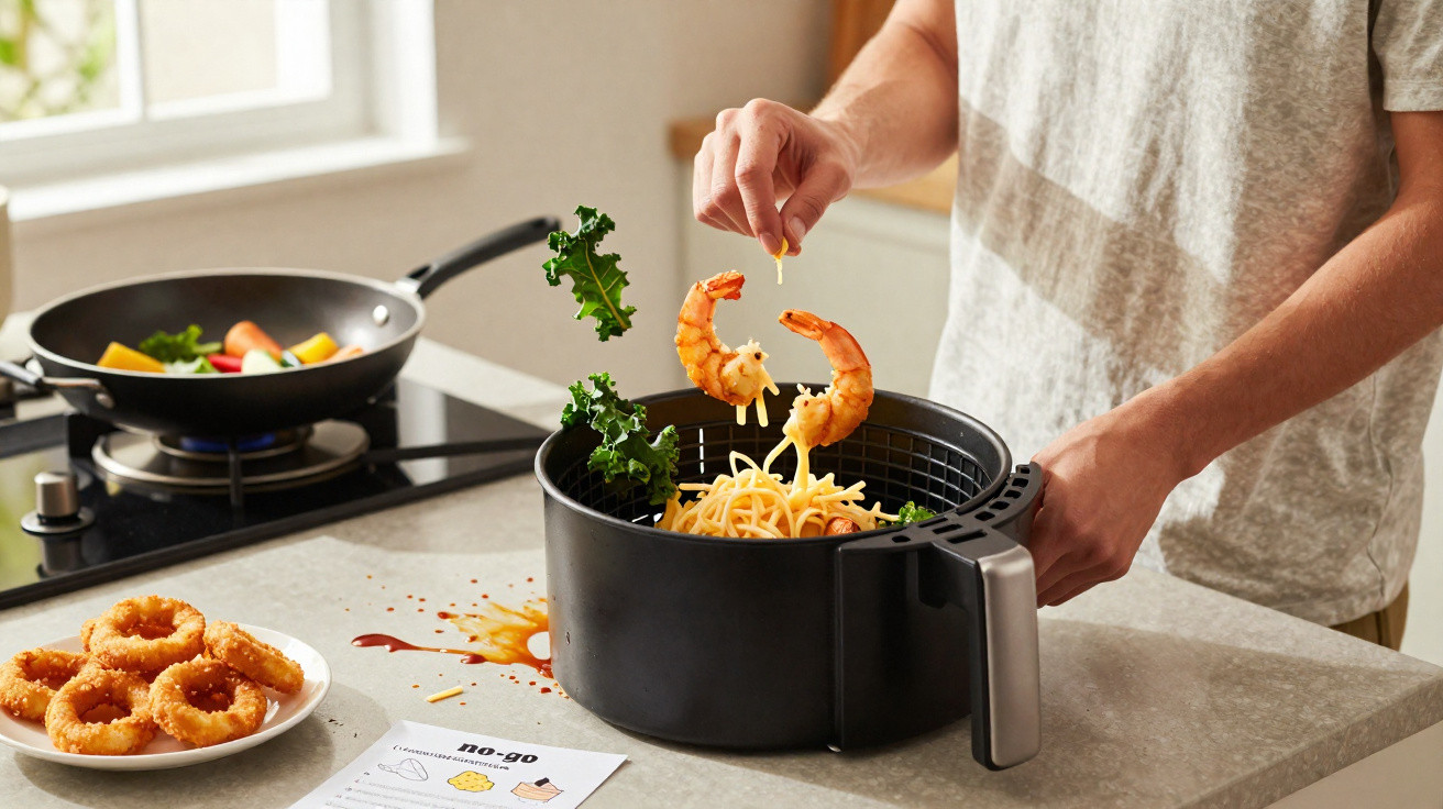 Pessoa preparando camarões, espaguete e couve na fritadeira elétrica em cozinha moderna.