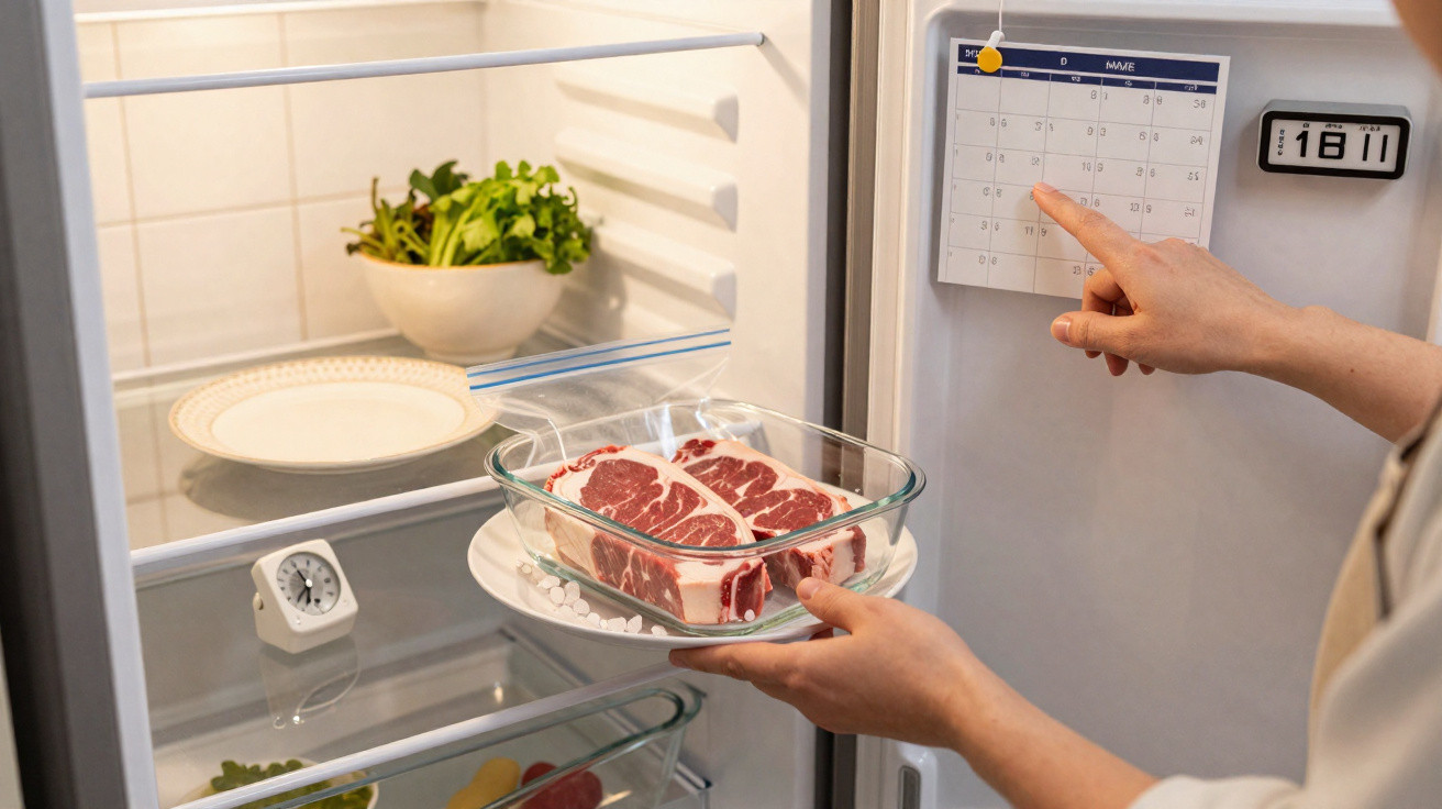 Pessoa colocando carne crua em pote na geladeira e consultando calendário na porta do eletrodoméstico.