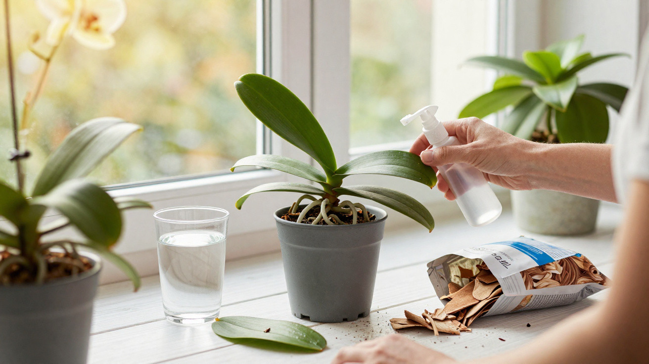 Pessoa cuidando de orquídea na janela, com regador e substrato para plantas ao lado.