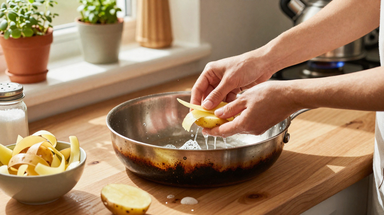Mãos descascando batatas sobre uma panela com água em bancada de cozinha iluminada.