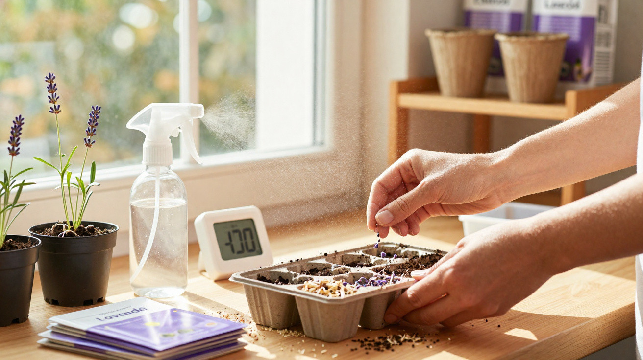 Mãos semeando sementes em bandeja de mudas com plantas de lavanda, pulverizador e termômetro na mesa.