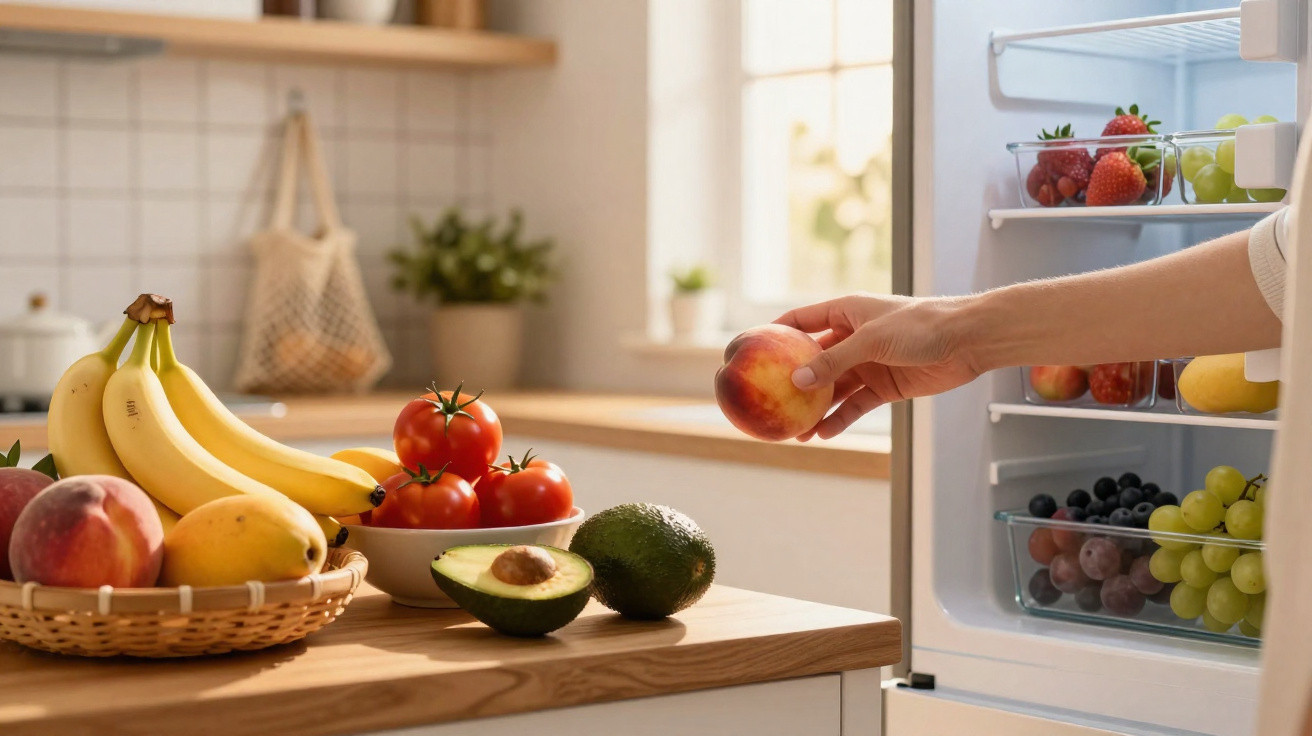 Pessoa guardando pêssego na geladeira com frutas frescas sobre a bancada de cozinha iluminada.
