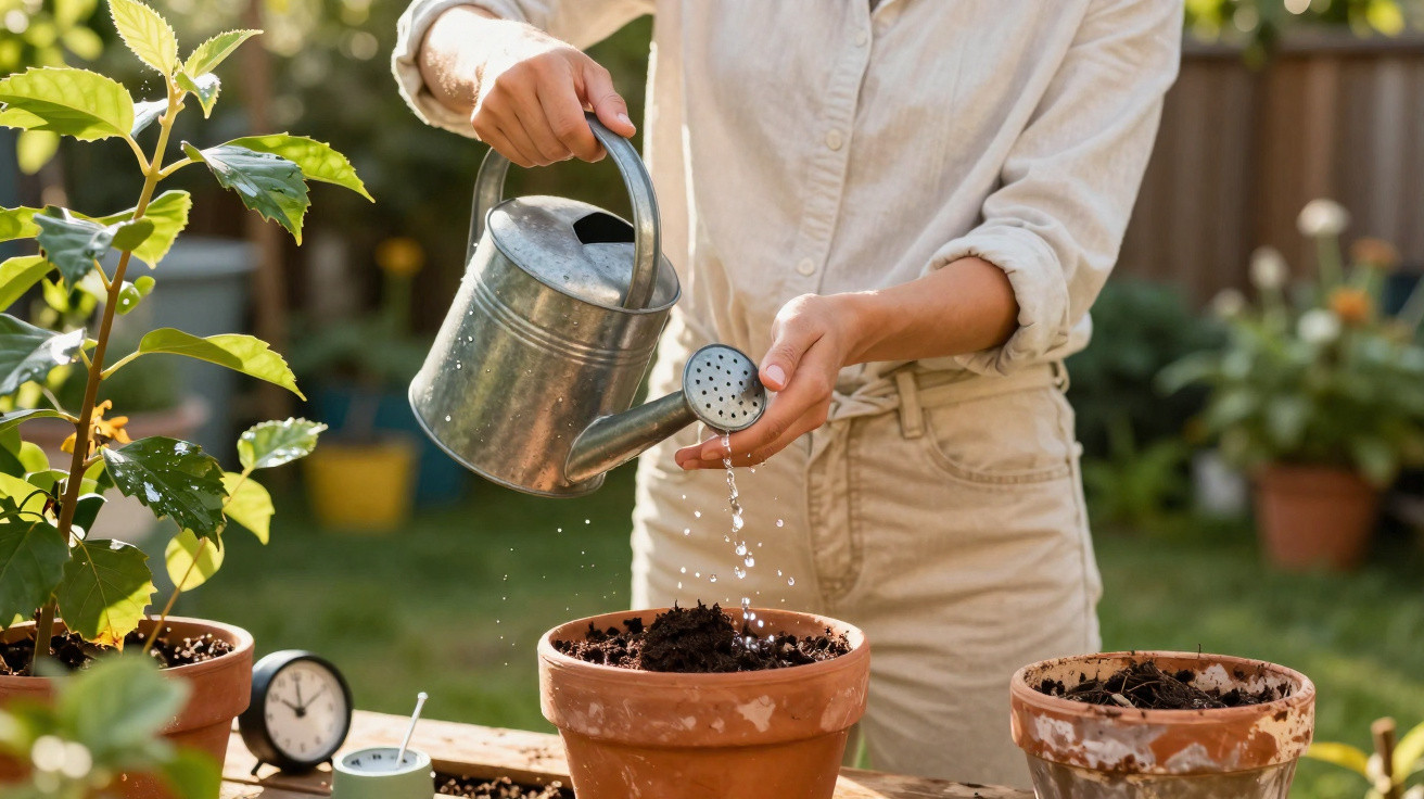 Pessoa regando plantas em vasos de barro em jardim ao ar livre em dia ensolarado.