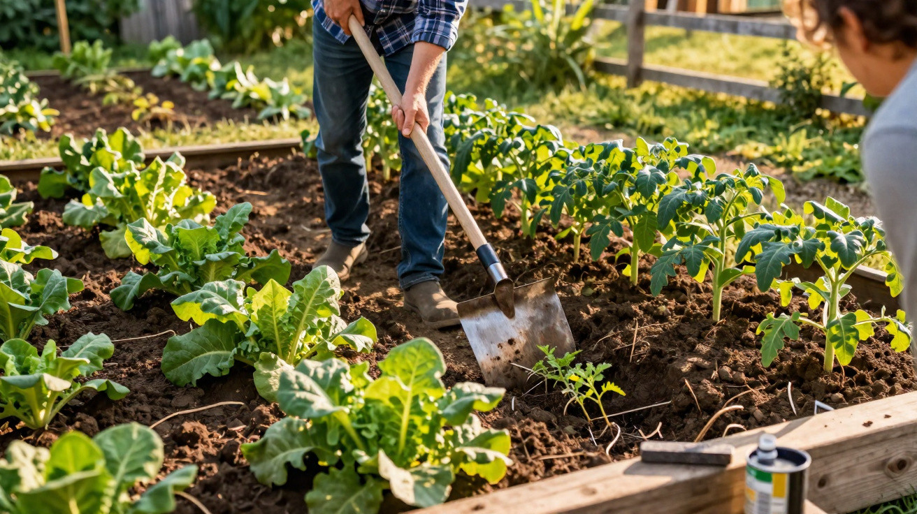 Pessoa usando pá em horta com plantas verdes em canteiros elevados sob luz natural.
