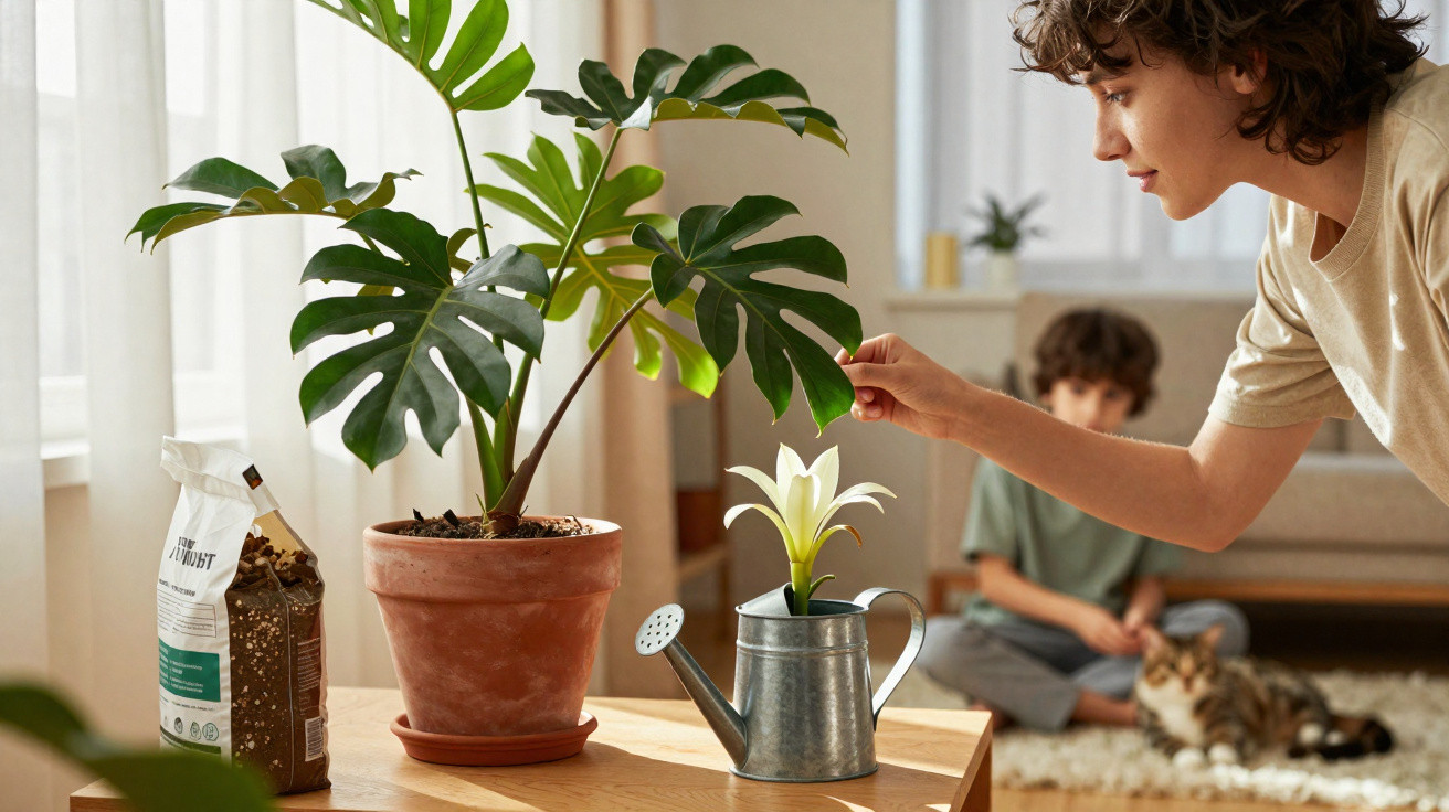 Mulher arrumando planta em regador, criança ao fundo com gato, ambiente interno e iluminado.