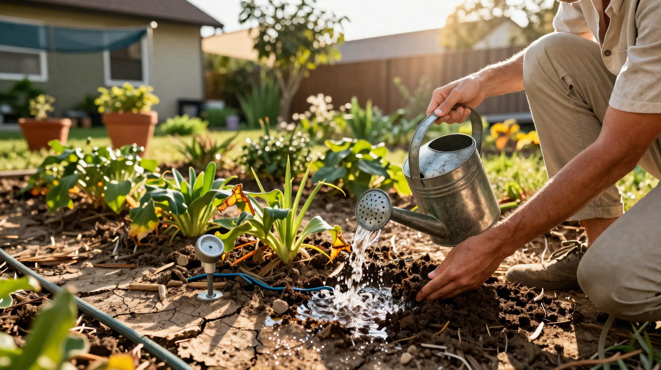 Pessoa regando plantas em um jardim com regador de metal ao entardecer.