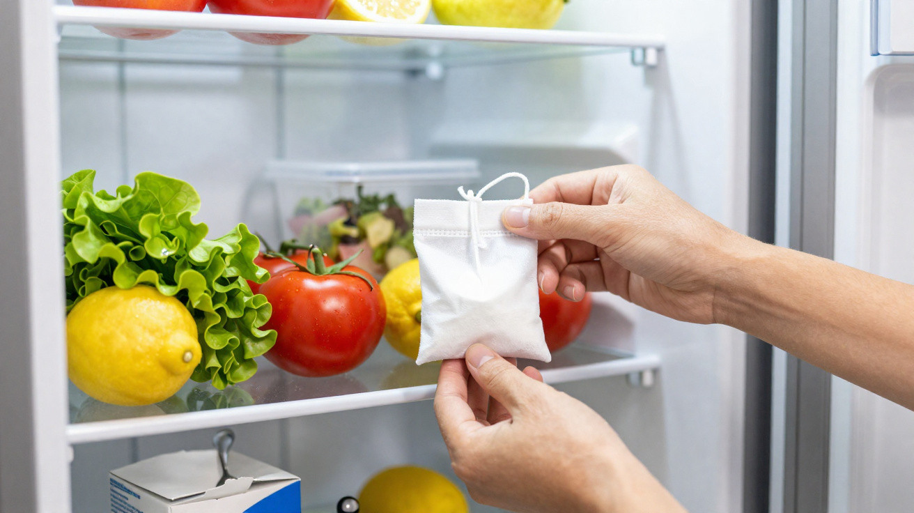 Mãos seguram sachê branco dentro da geladeira com tomates, limões e alface ao fundo.