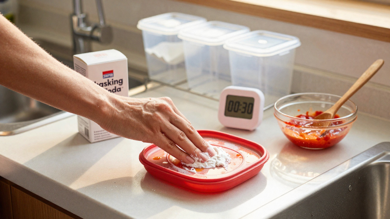 Mão polvilha bicarbonato de sódio em tampa vermelha numa cozinha com timer e recipientes ao fundo.
