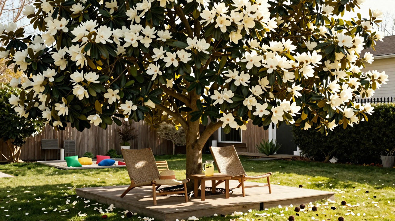 Jardim com árvore florida de flores brancas, duas cadeiras de vime e mesa com jarra sobre deck de madeira.