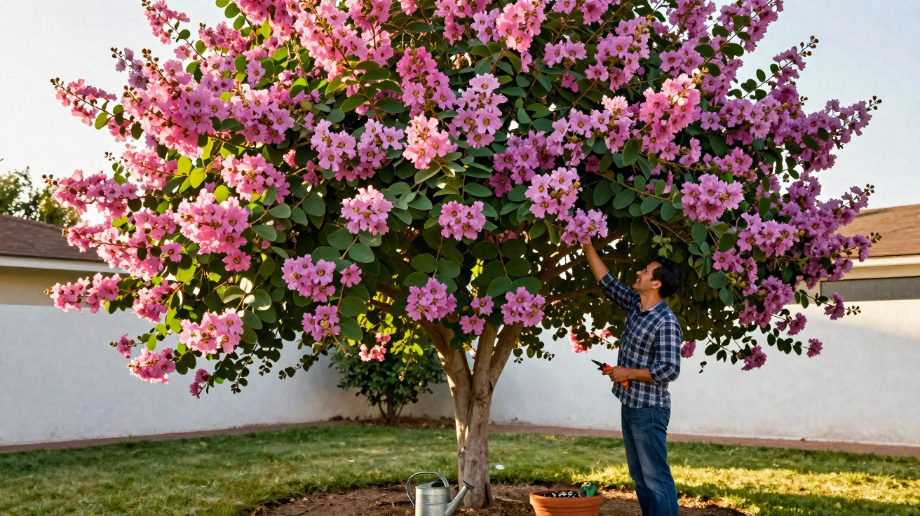 Homem podando árvore com muitas flores rosa em um jardim cercado por muro branco.