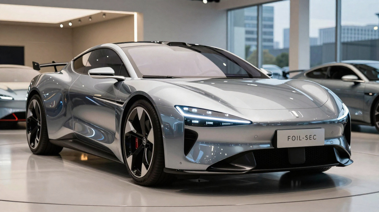 Carro esportivo elétrico prateado com design aerodinâmico em exposição dentro de showroom moderno.