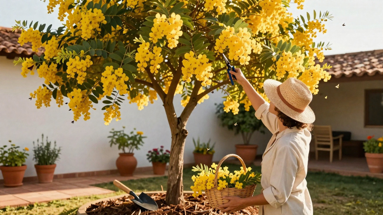 Pessoa colhendo flores amarelas de árvore florida em jardim com chapéu de palha e cesta.