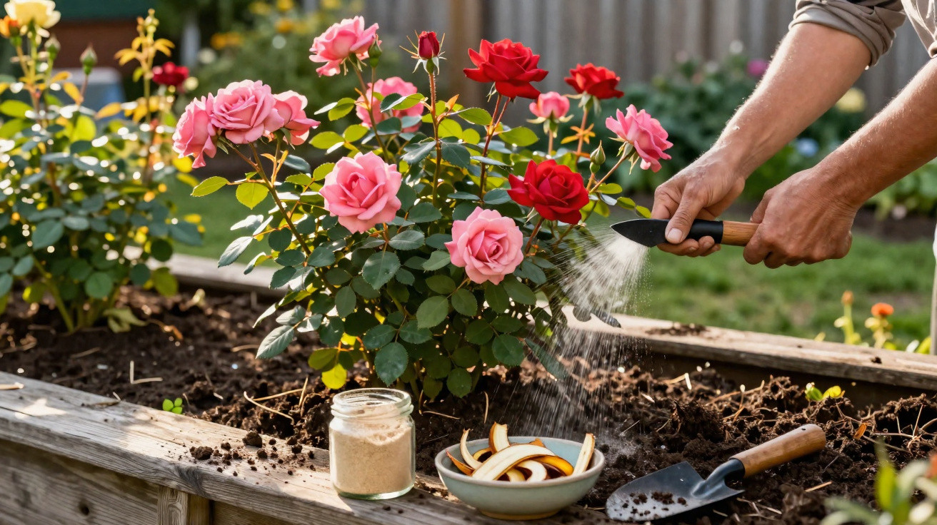 Pessoa aduba rosas vermelhas e rosas em canteiro elevado com utensílios de jardinagem ao lado.