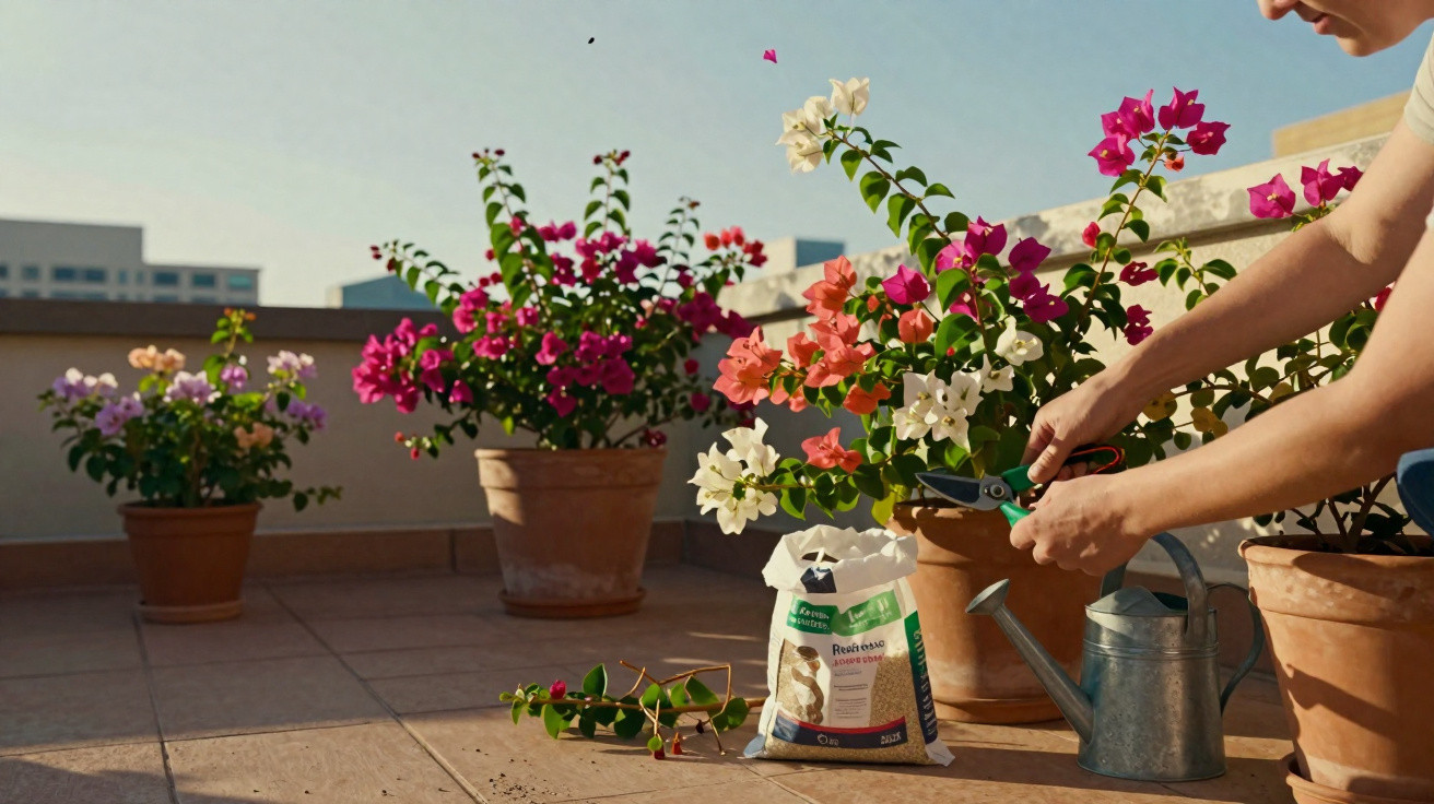 Pessoa poda flores coloridas em vasos de cerâmica em terraço ensolarado com regador e saco de substrato.