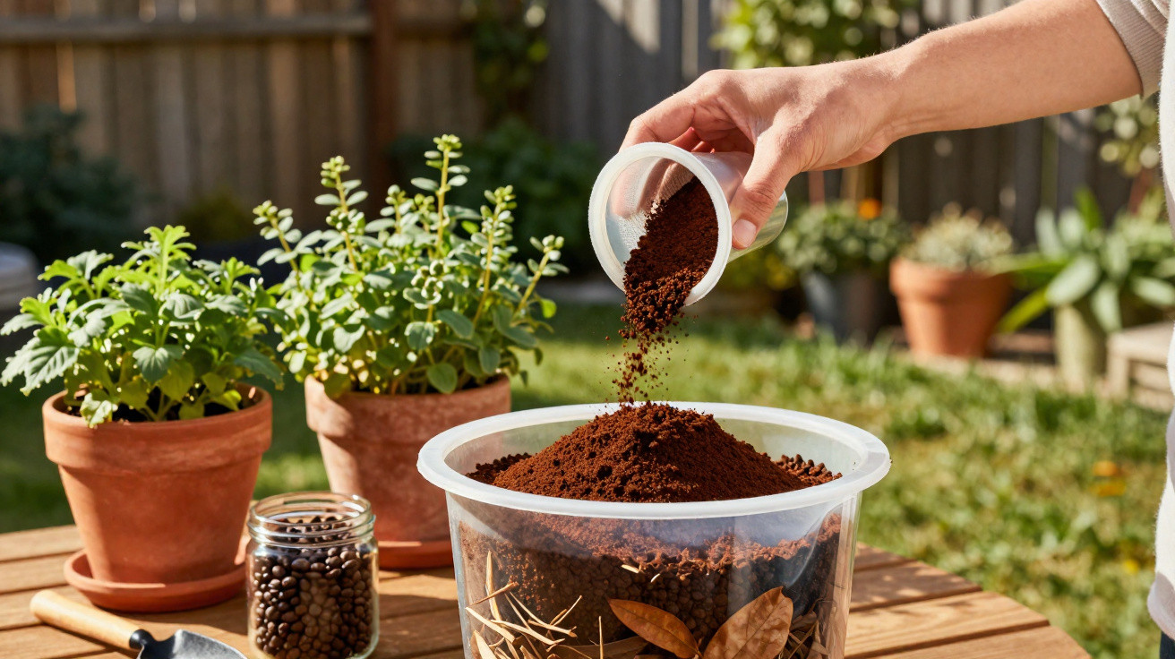 Pessoa colocando borra de café em vaso transparente para compostagem em jardim com plantas ao fundo