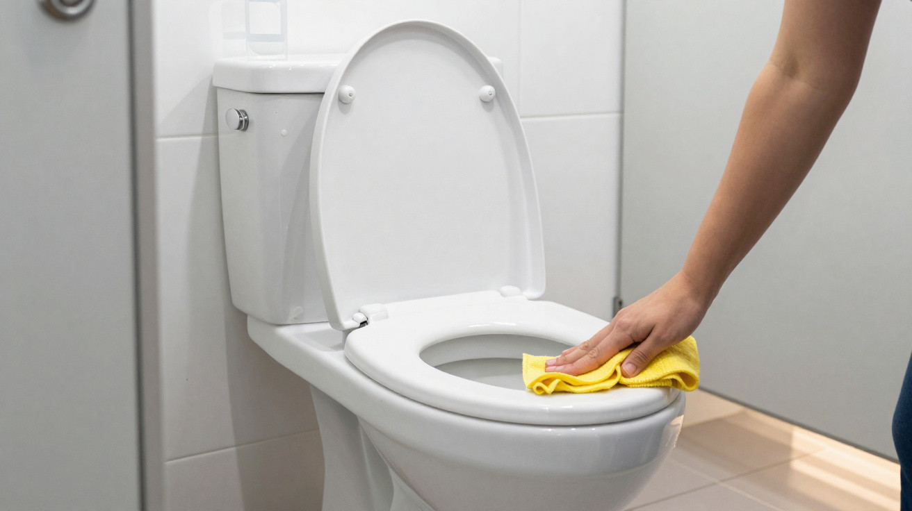 Pessoa limpando a borda de um vaso sanitário branco com pano amarelo em banheiro branco.