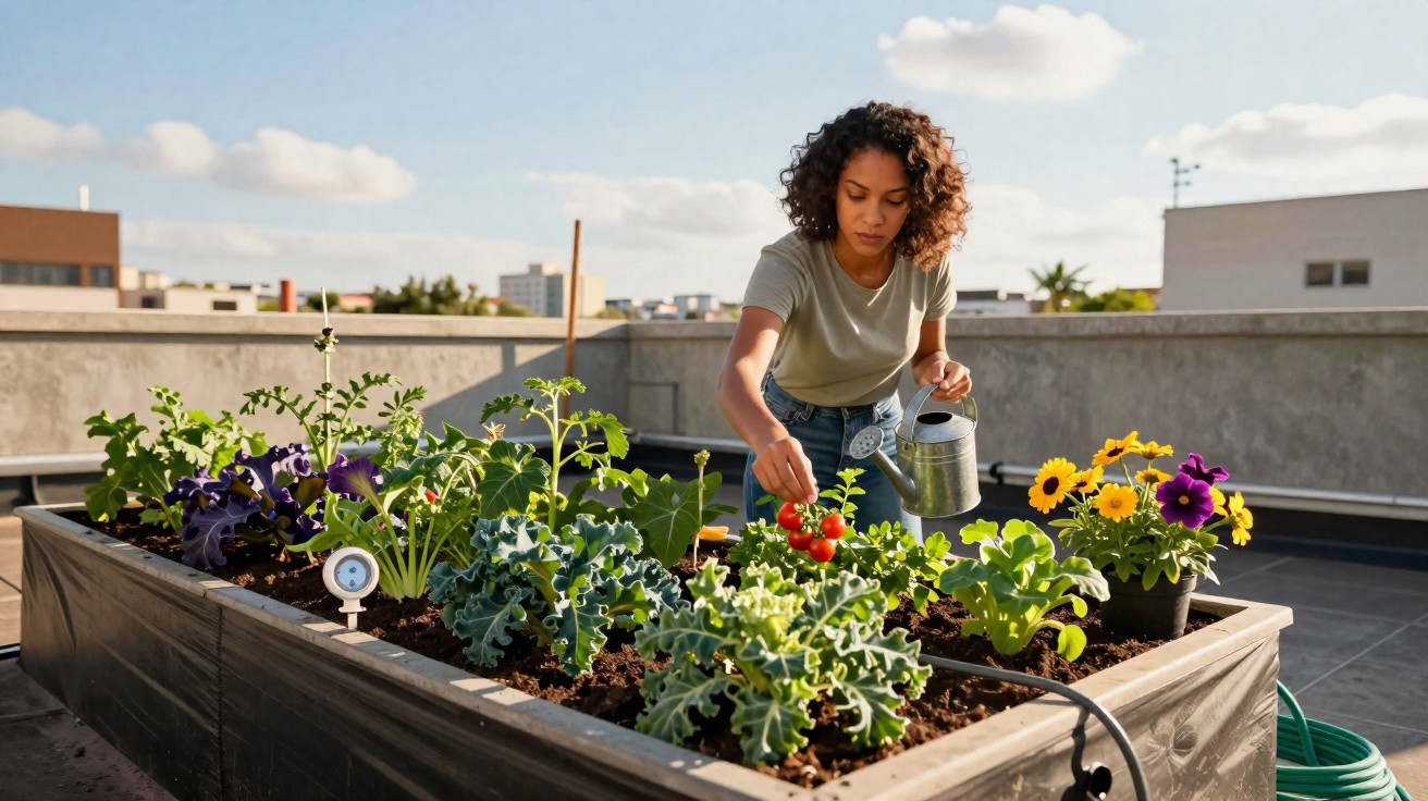 Mulher regando plantas e colhendo tomates em jardim suspenso no terraço sob céu claro.