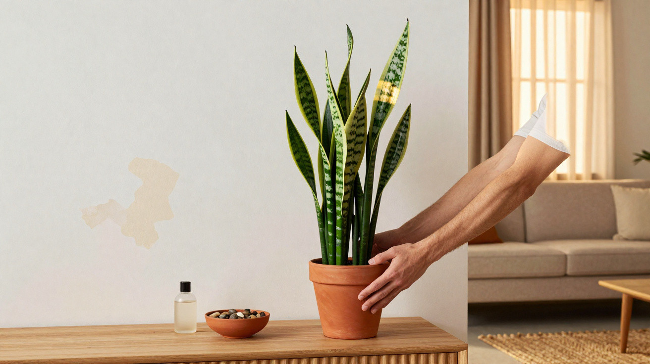 Braços humanos segurando vaso de planta sanseviéria em sala com sofá e cortina ao fundo.