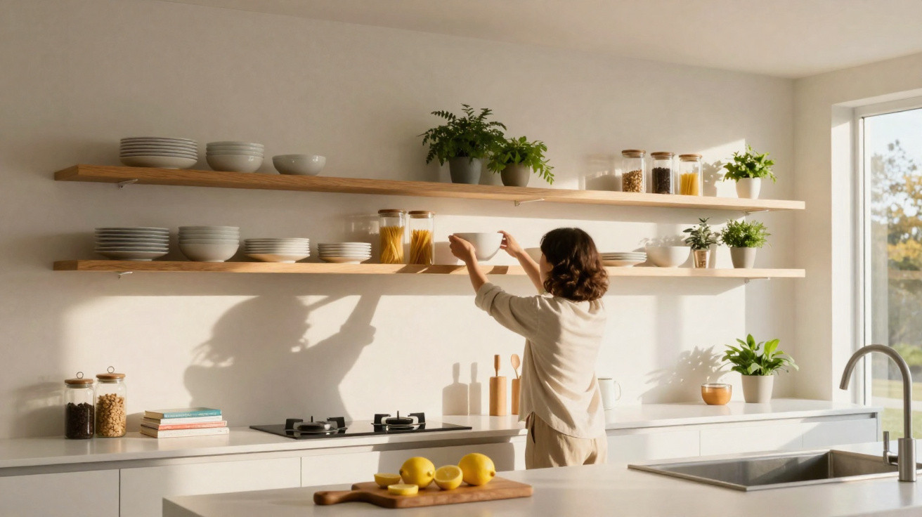 Pessoa organizando louças em prateleiras de cozinha clara com plantas e luz natural entrando pela janela.