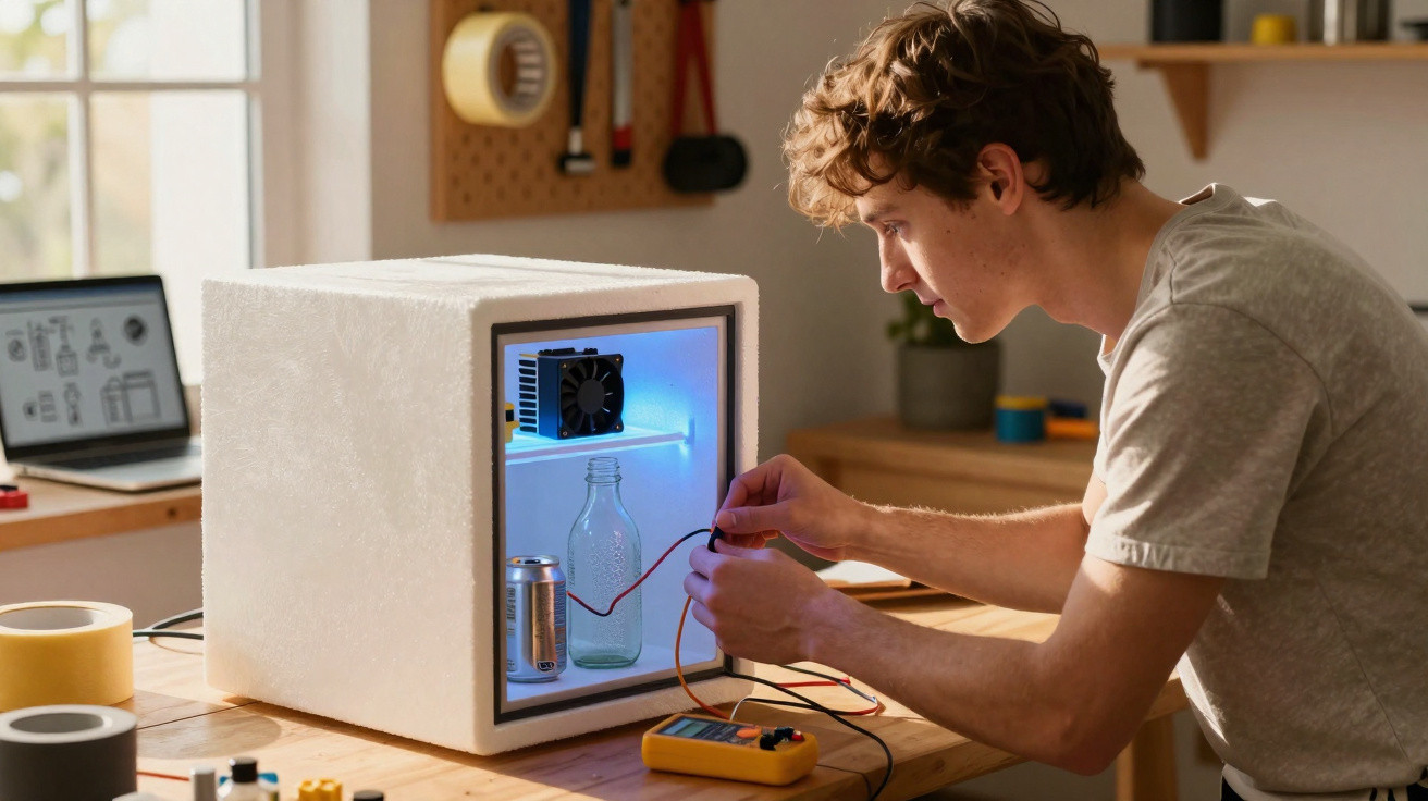 Jovem montando um mini refrigerador caseiro com isolante térmico e componentes eletrônicos em bancada.