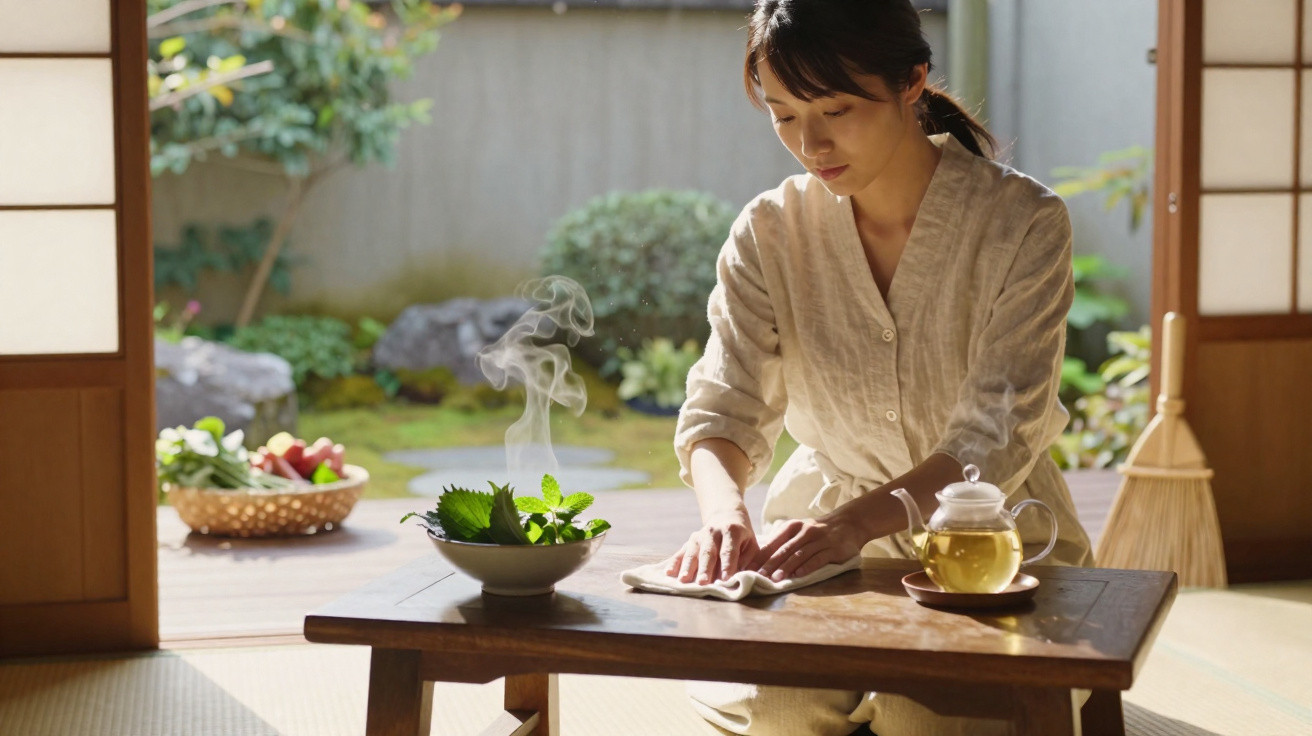 Mulher japonesa limpa mesa de madeira com folhas verdes e bule de chá em ambiente iluminado natural.
