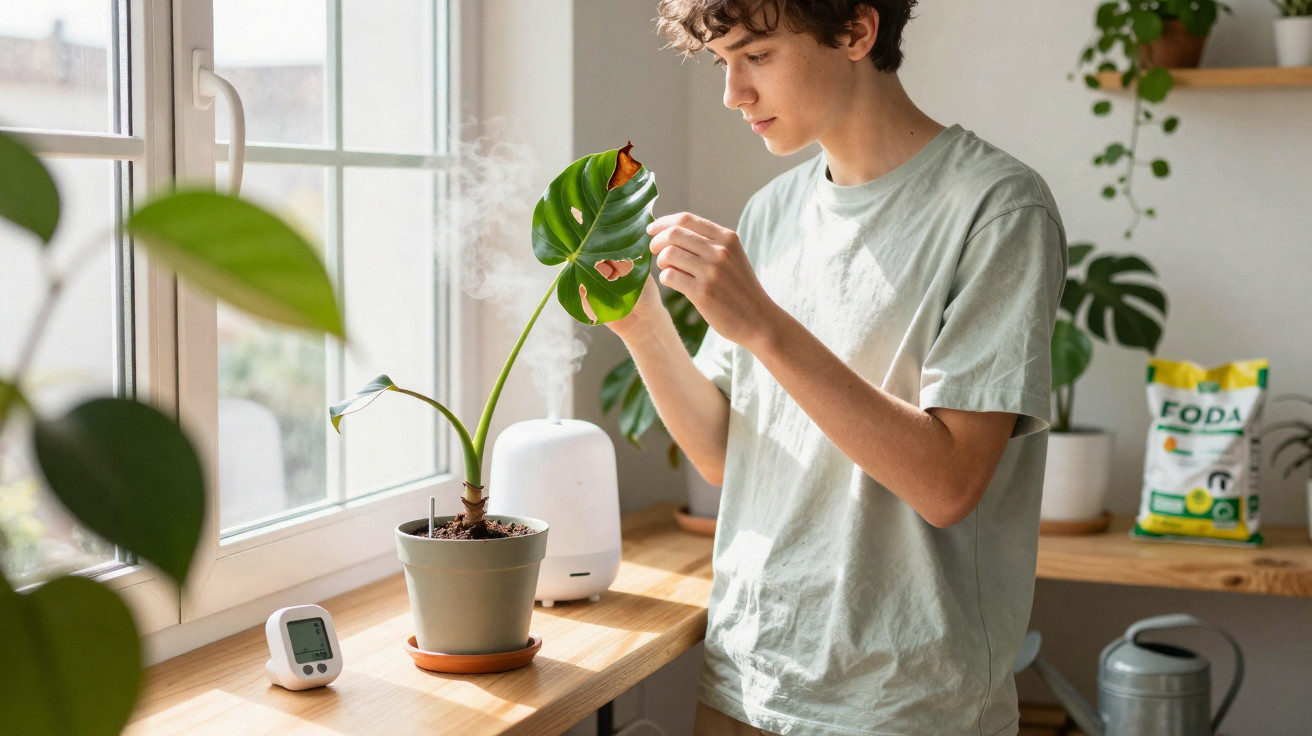 Jovem cuidando de planta com folhas danificadas em ambiente interno iluminado por janela.