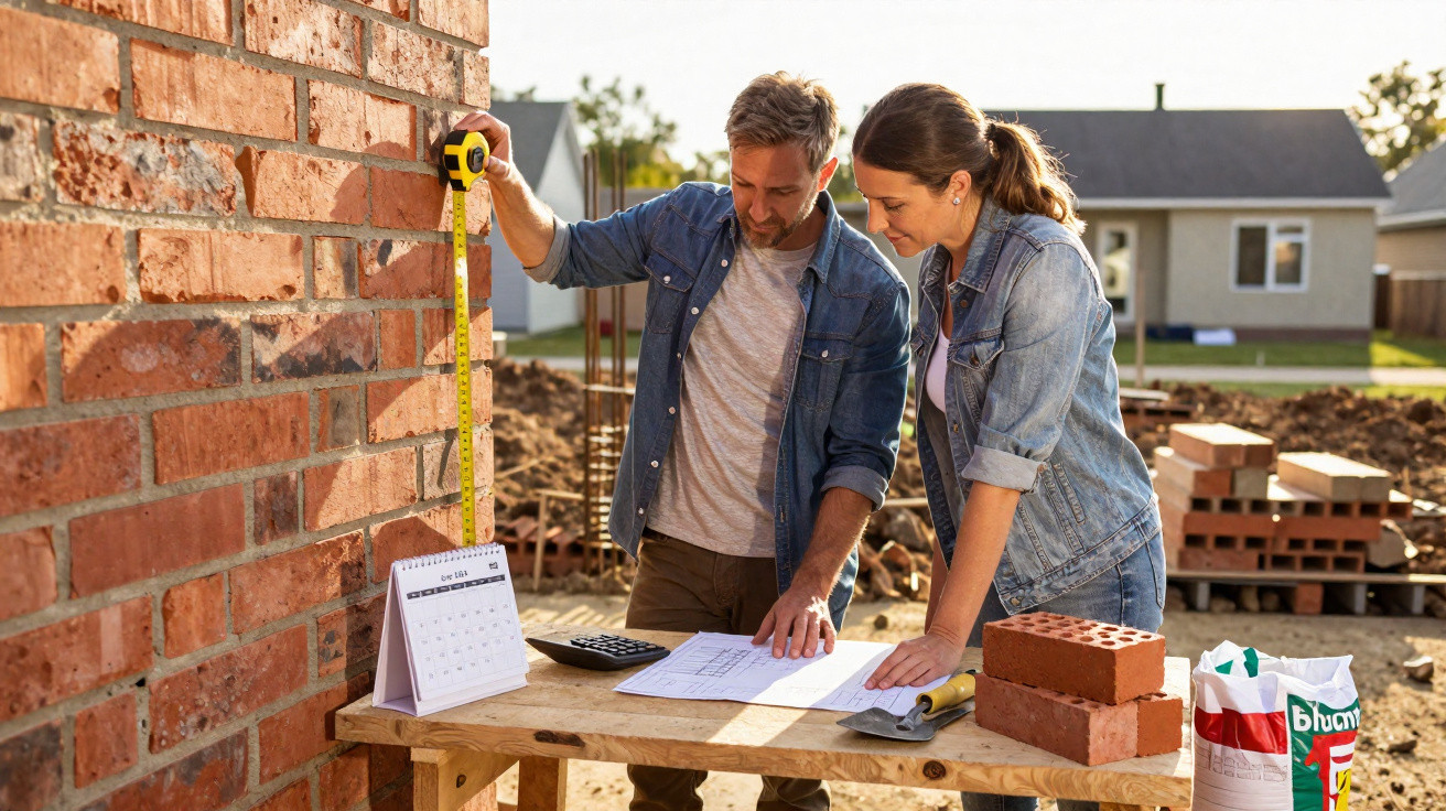 Casal analisando plantas e medindo parede na construção de uma casa ao ar livre.