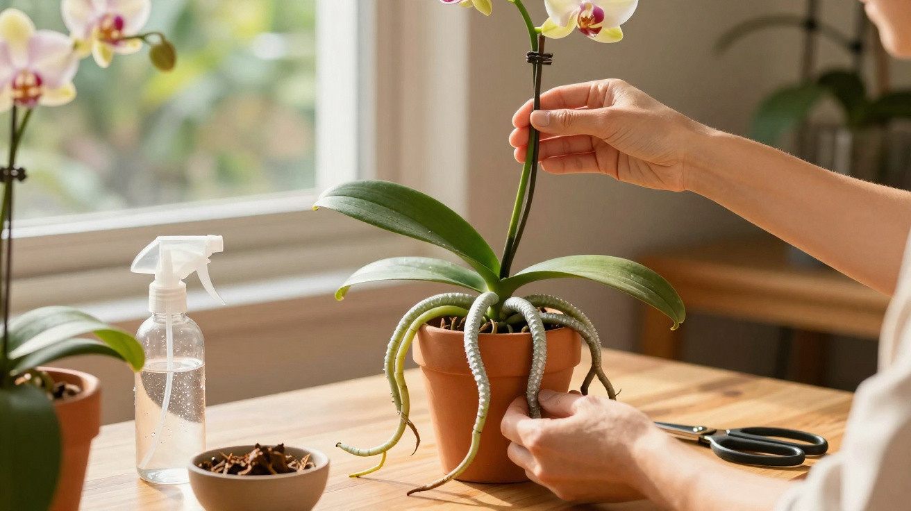 Pessoa cuidando de orquídea em vaso, com tesoura, spray e janela ao fundo em ambiente interno.