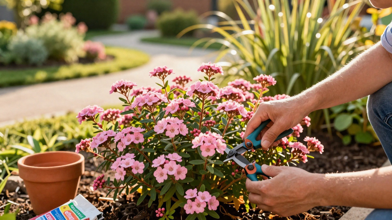 Pessoa podando flores cor-de-rosa em jardim ensolarado com tesoura de jardinagem.