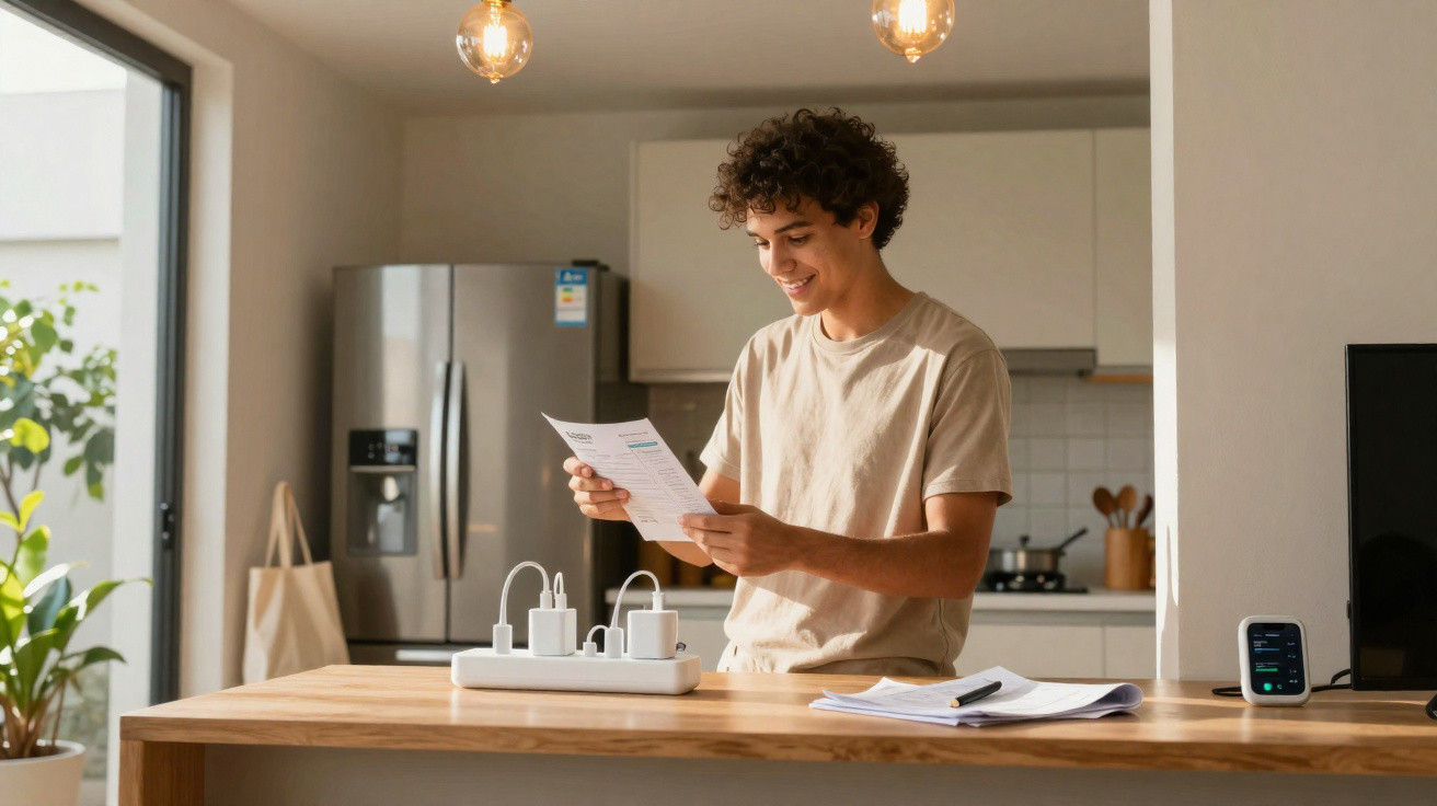 Jovem sorrindo enquanto lê conta na cozinha moderna, com carregadores e caderno sobre a bancada.