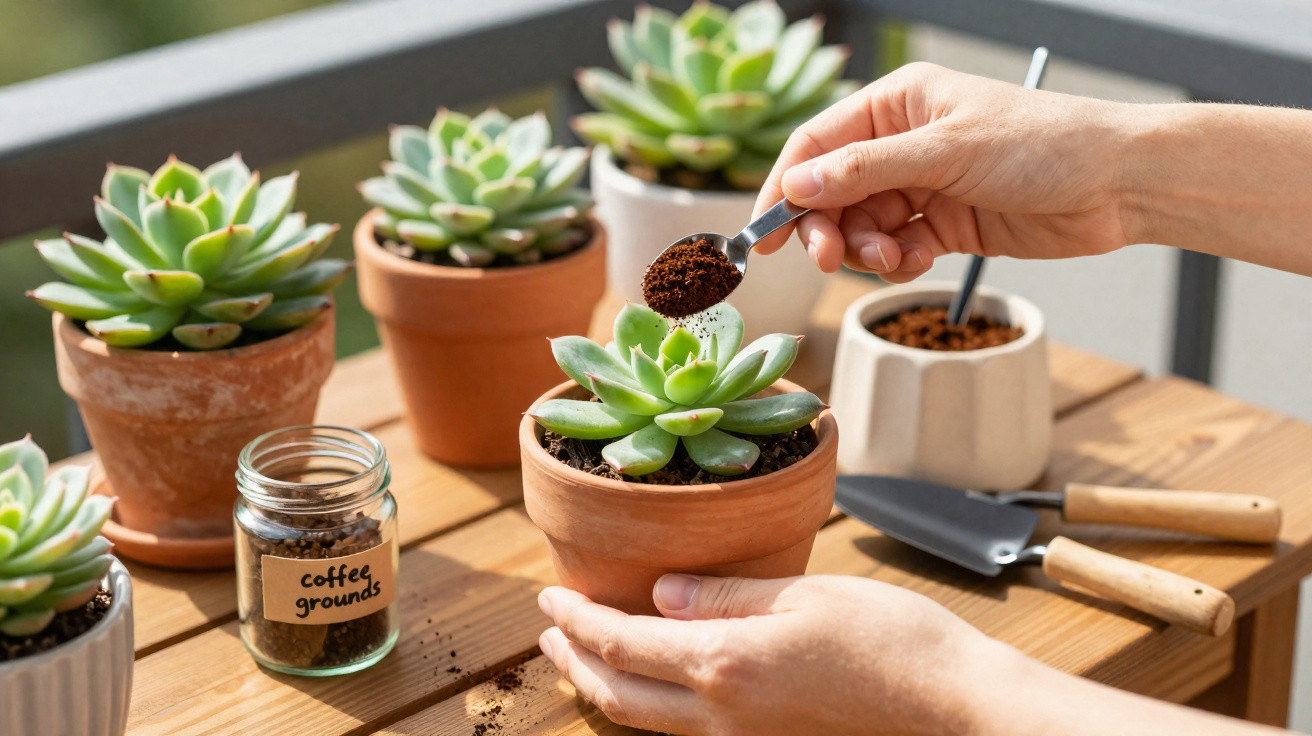 Mãos adicionando borra de café em suculenta em vaso de cerâmica sobre mesa de madeira com outras plantas.