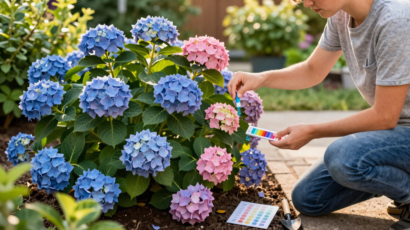 Pessoa usando tira de teste de pH para medir solo ao redor de hortênsias azuis e rosas em jardim.