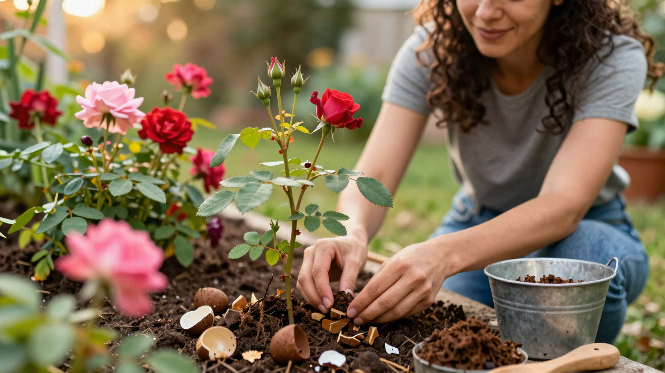 Mulher cuidando de mudas de rosas vermelhas e rosas em jardim ao ar livre.