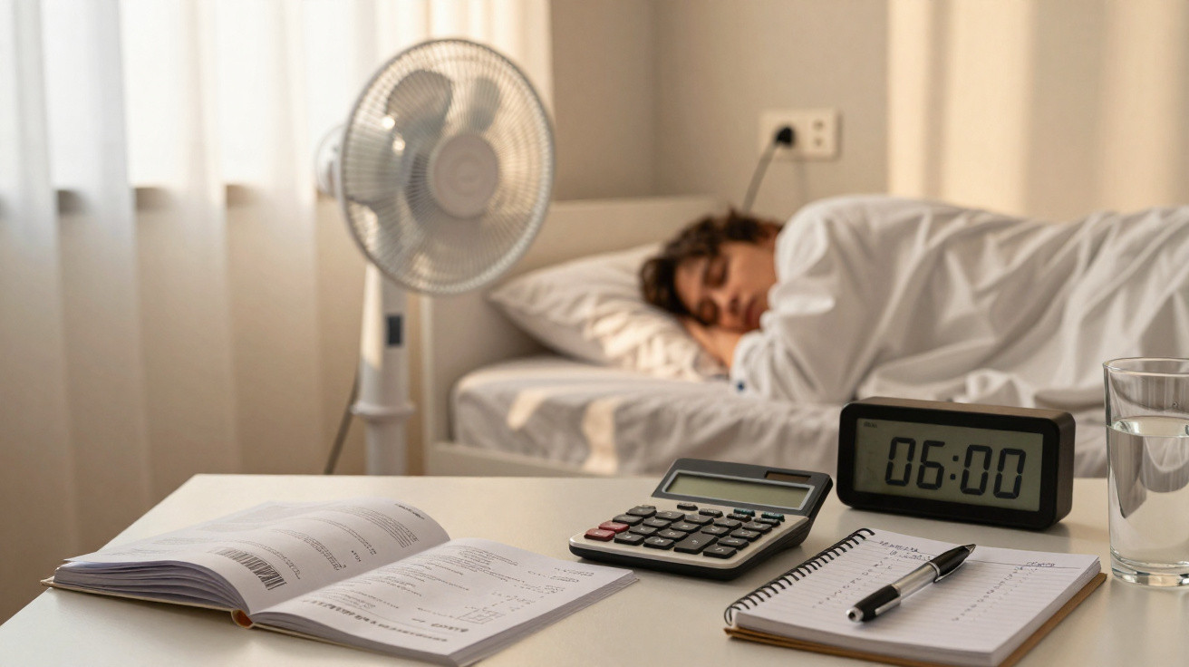 Pessoa dormindo na cama ao fundo; mesa com calculadora, livros, caderno, caneta, copo d'água e relógio marcando 6h.