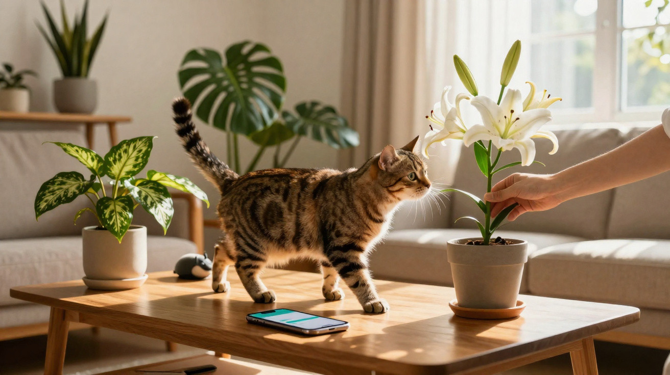 Gato cinza tigrado cheirando lírio branco em vaso sobre mesa de madeira em sala iluminada.