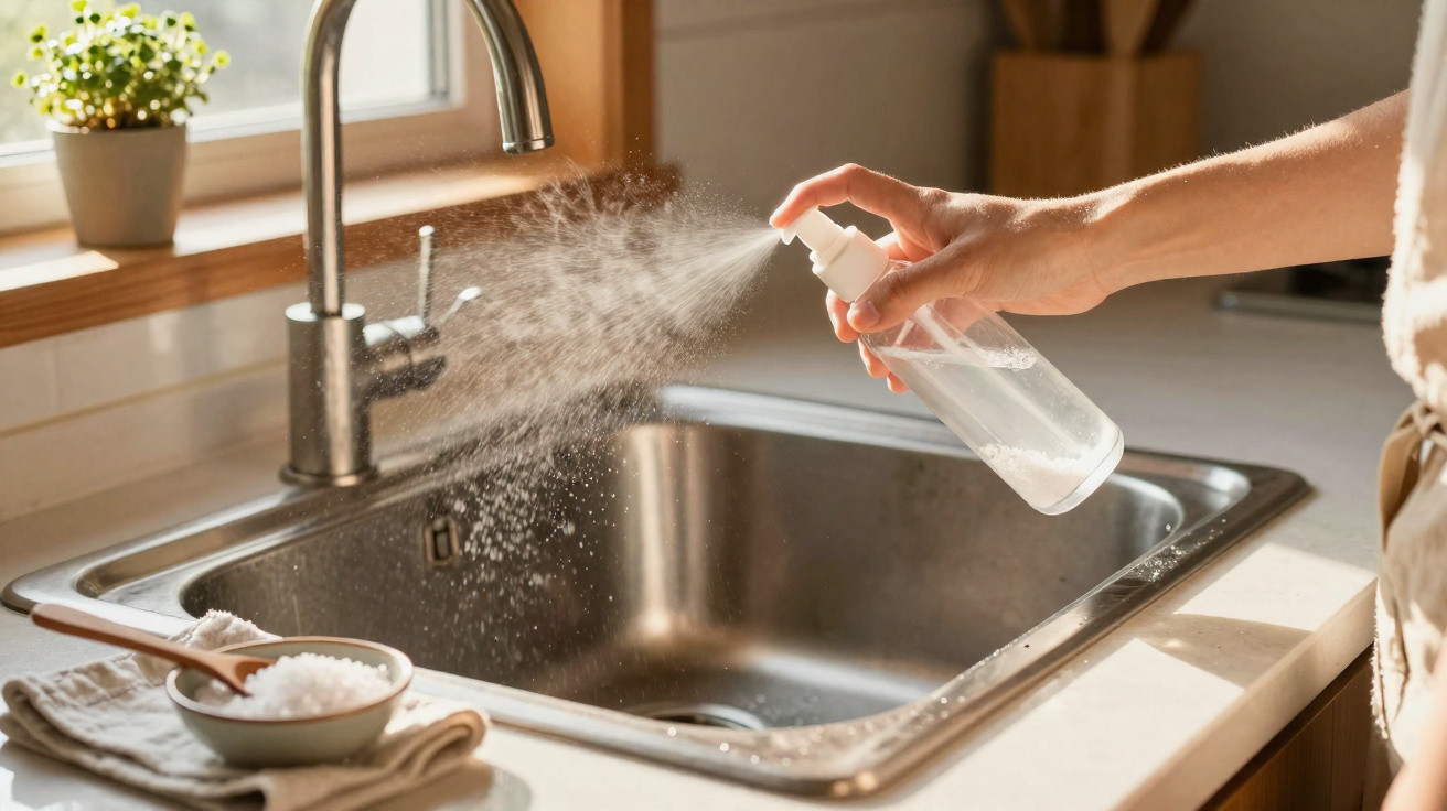 Pessoa borrifando produto de limpeza em pia de cozinha de aço inox sob janela com planta em vaso.