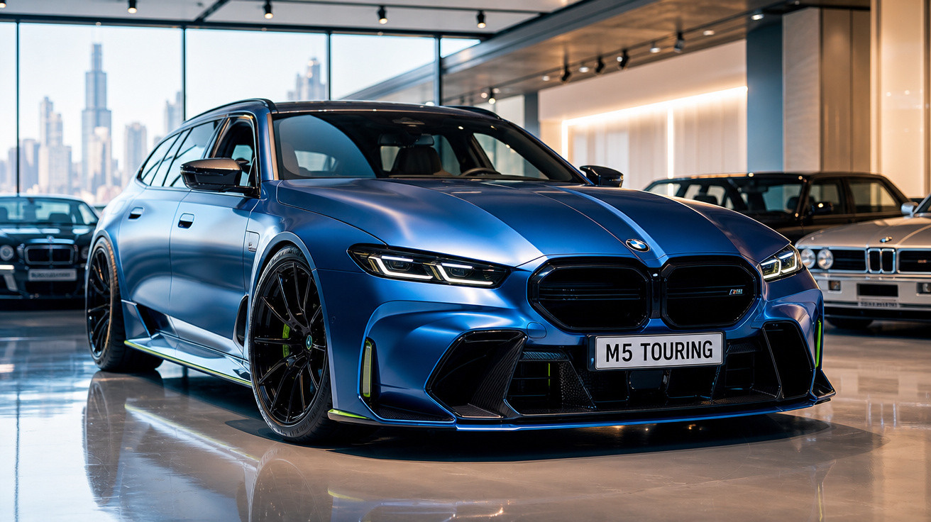 Carro esportivo BMW M5 Touring azul metálico exibido em showroom moderno com piso refletivo.