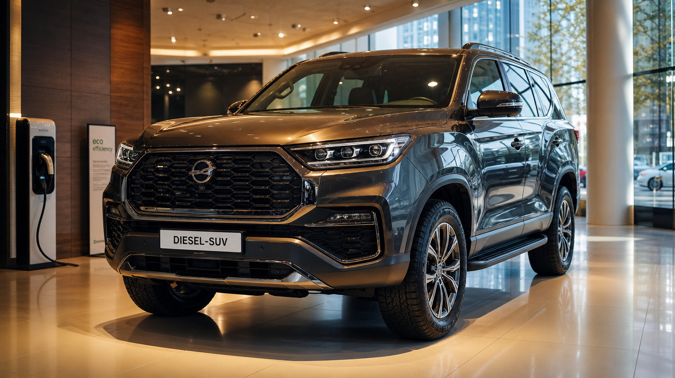 SUV diesel cinza escuro exibido em showroom moderno com janela grande e carregador elétrico ao fundo.