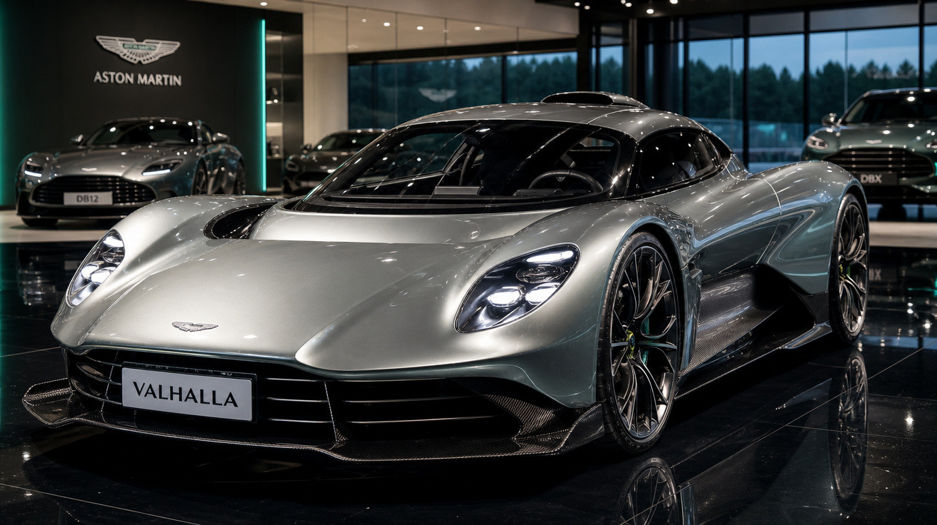 Carro esportivo prateado Aston Martin Valhalla em showroom com luzes refletindo no teto de vidro.