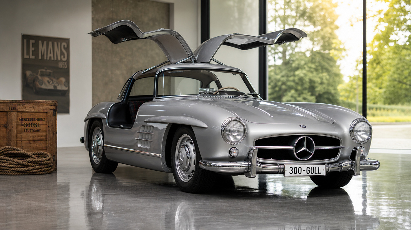 Carro esportivo Mercedes-Benz 300SL prata com portas asa de gaivota abertas em garagem moderna.