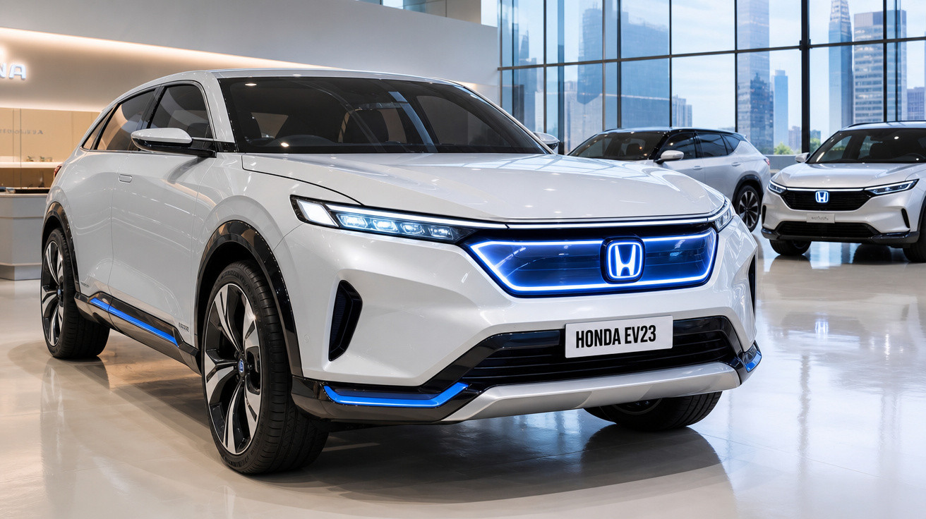 Carro elétrico branco Honda EV23 exibido em showroom moderno com janelas grandes e outros carros ao fundo.