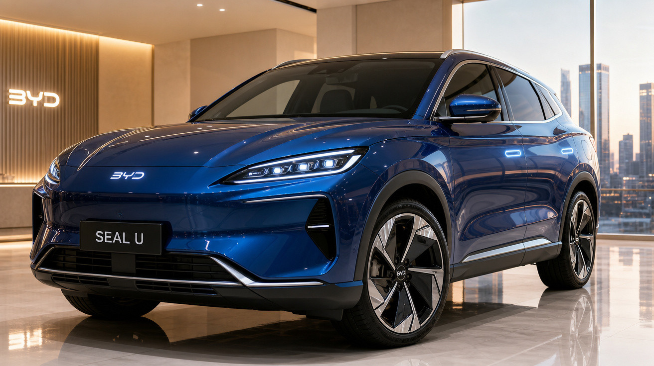 SUV elétrico azul BYD Seal U em showroom com iluminação interna e vista urbana ao fundo.